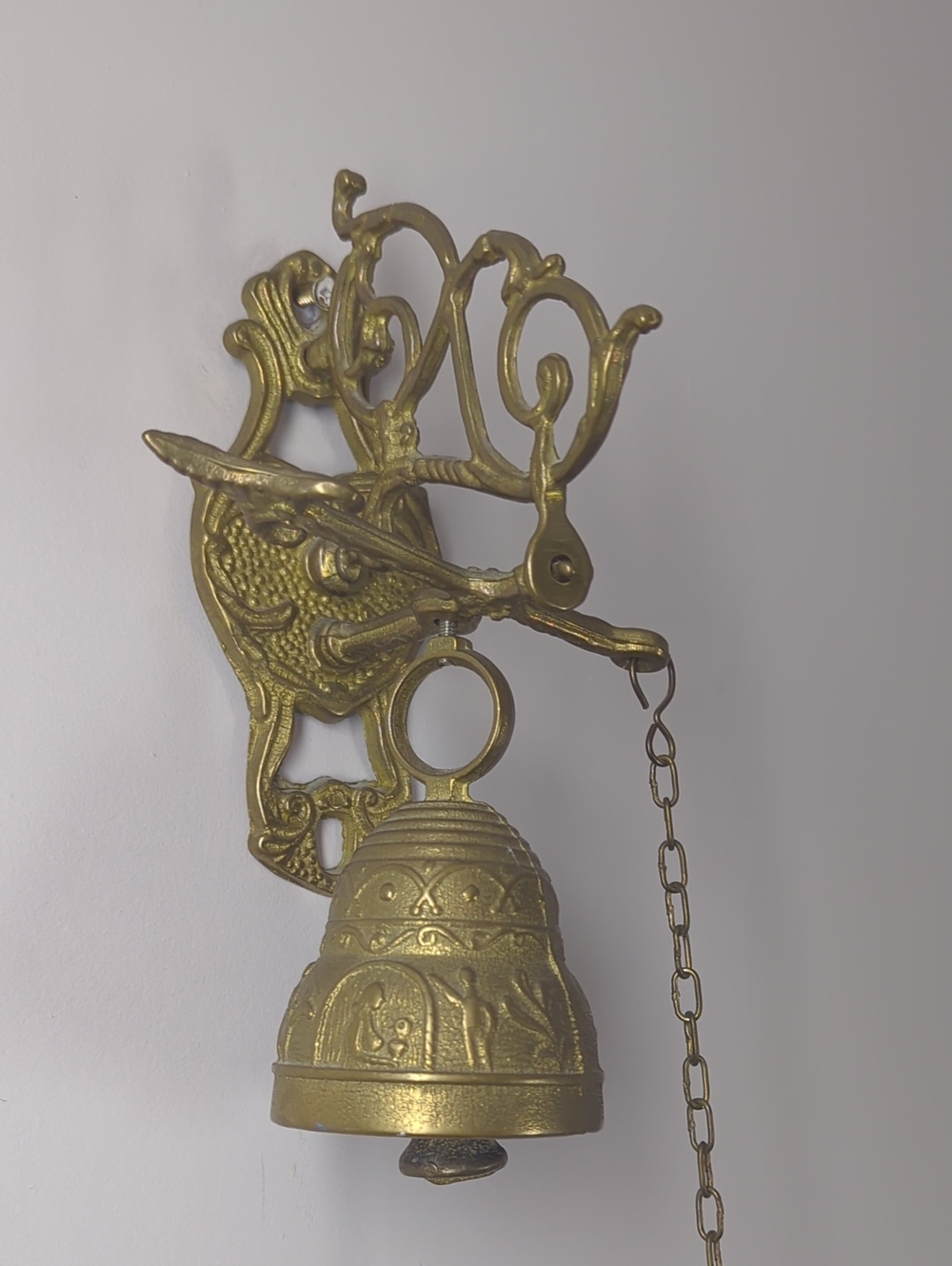 Brass Outdoor Door Bell on Hanging Bracket with Chain Pull Monastery Antique